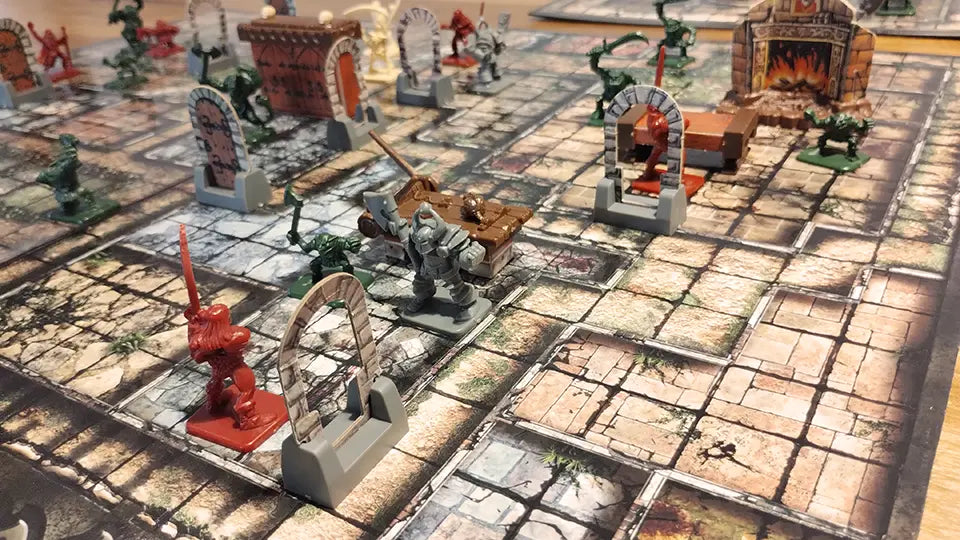 Escena de partida sobre mapa impreso con miniaturas y mobiliario