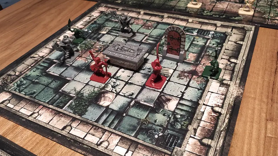 Escena de juego sobre tablero impreso con miniaturas