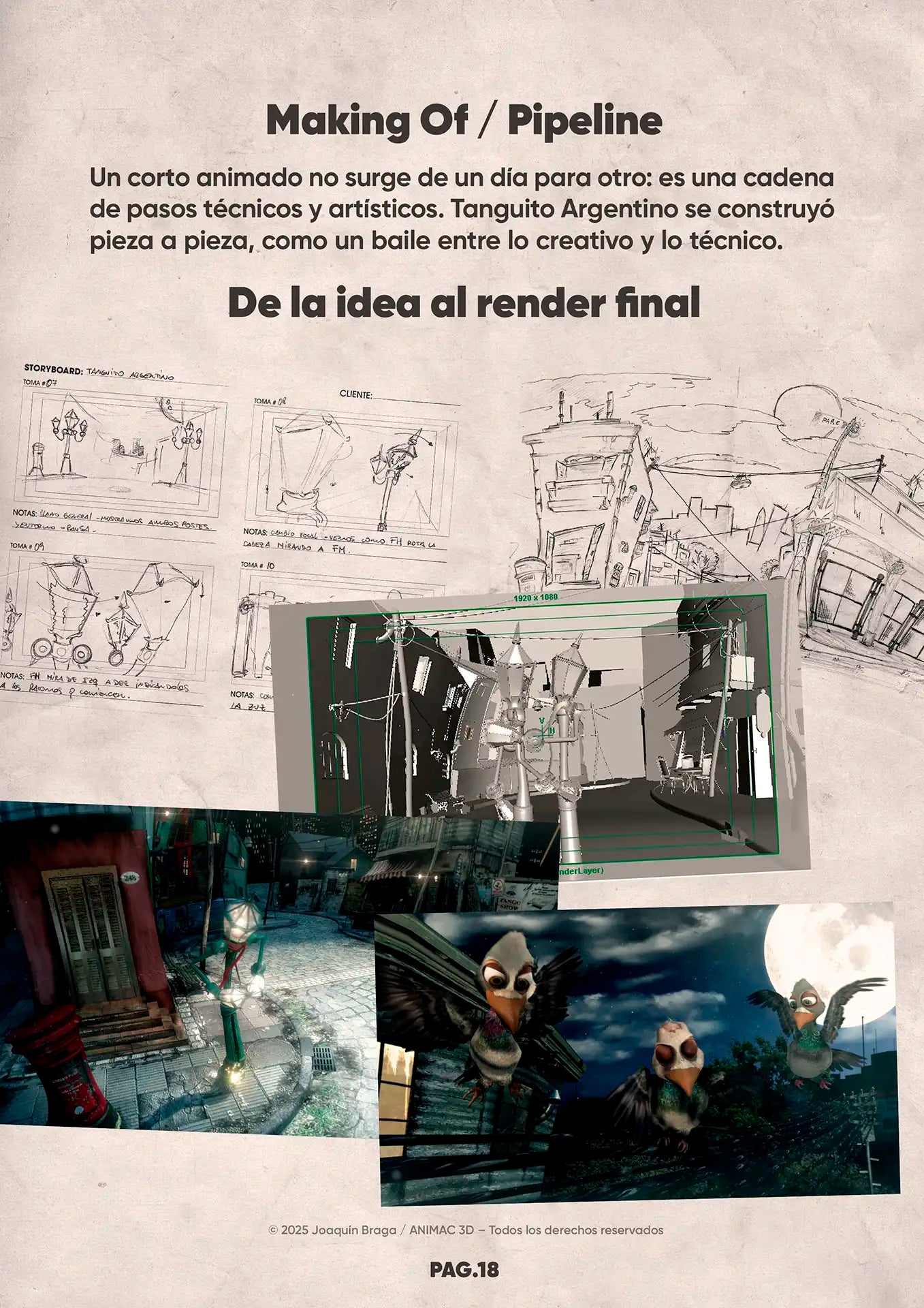 Página de making of y pipeline del artbook Tanguito Argentino