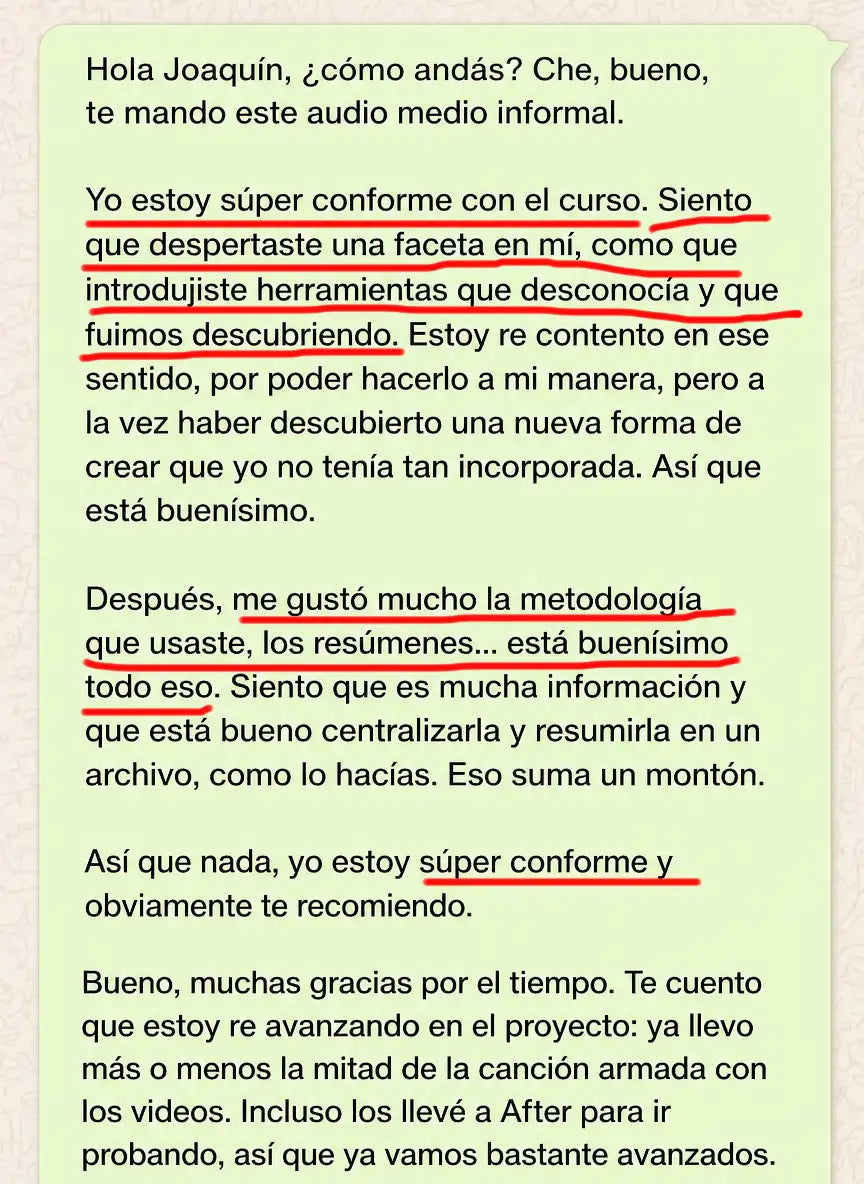 Captura original de un testimonio sobre metodología, herramientas y avances en su proyecto