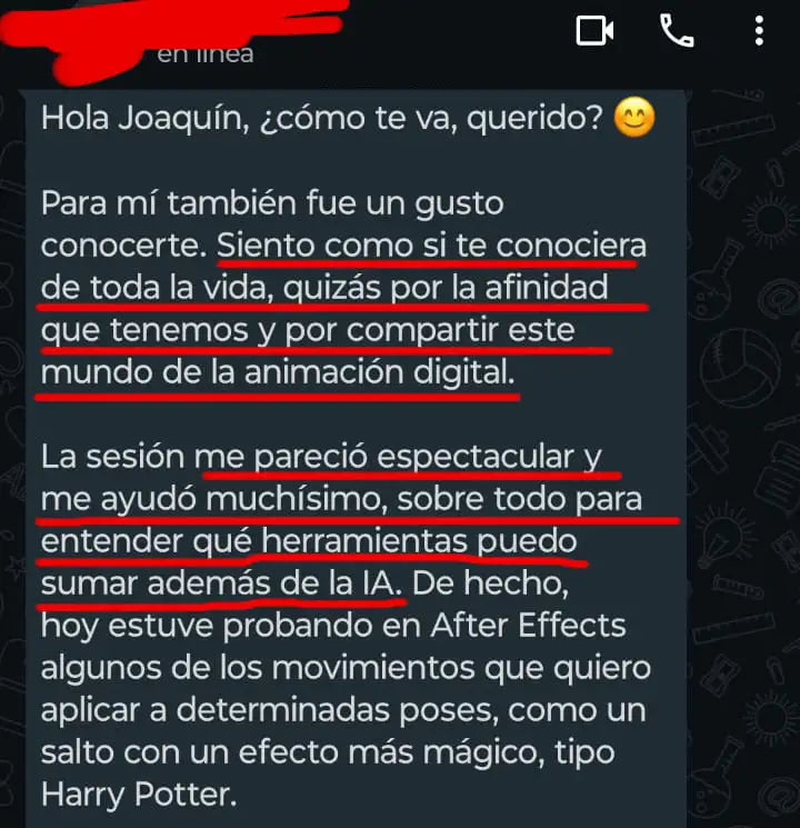 Mensaje de una persona que cuenta cómo una sesión le ayudó a entender herramientas para su proyecto