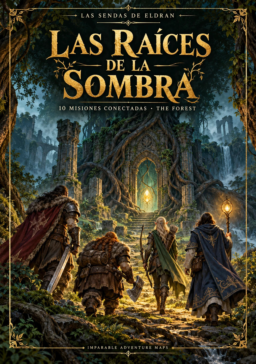 Portada de Las raíces de la sombra: cuatro héroes frente a las ruinas del bosque