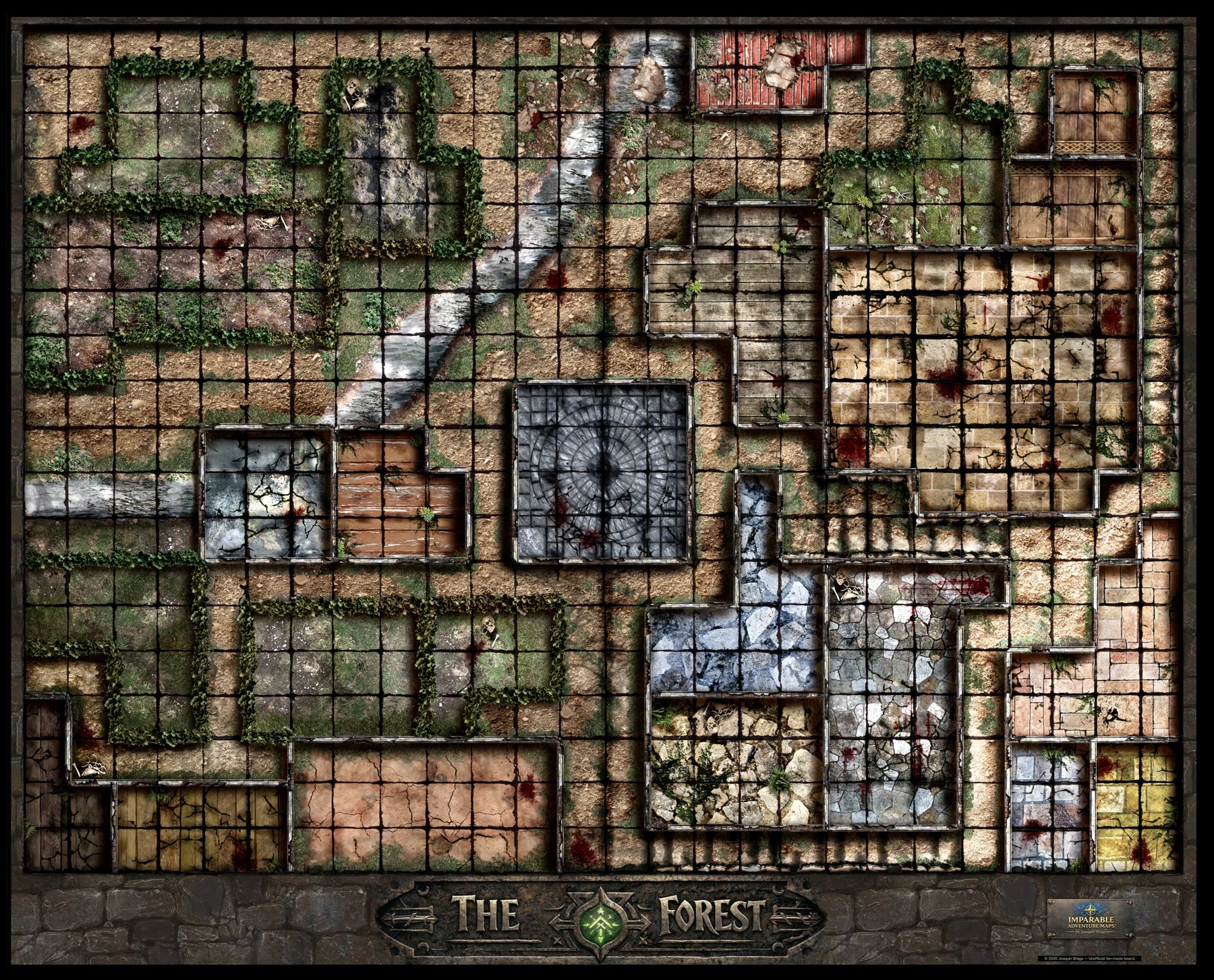 Mapa completo The Forest con grilla, caminos, bosque y construcciones