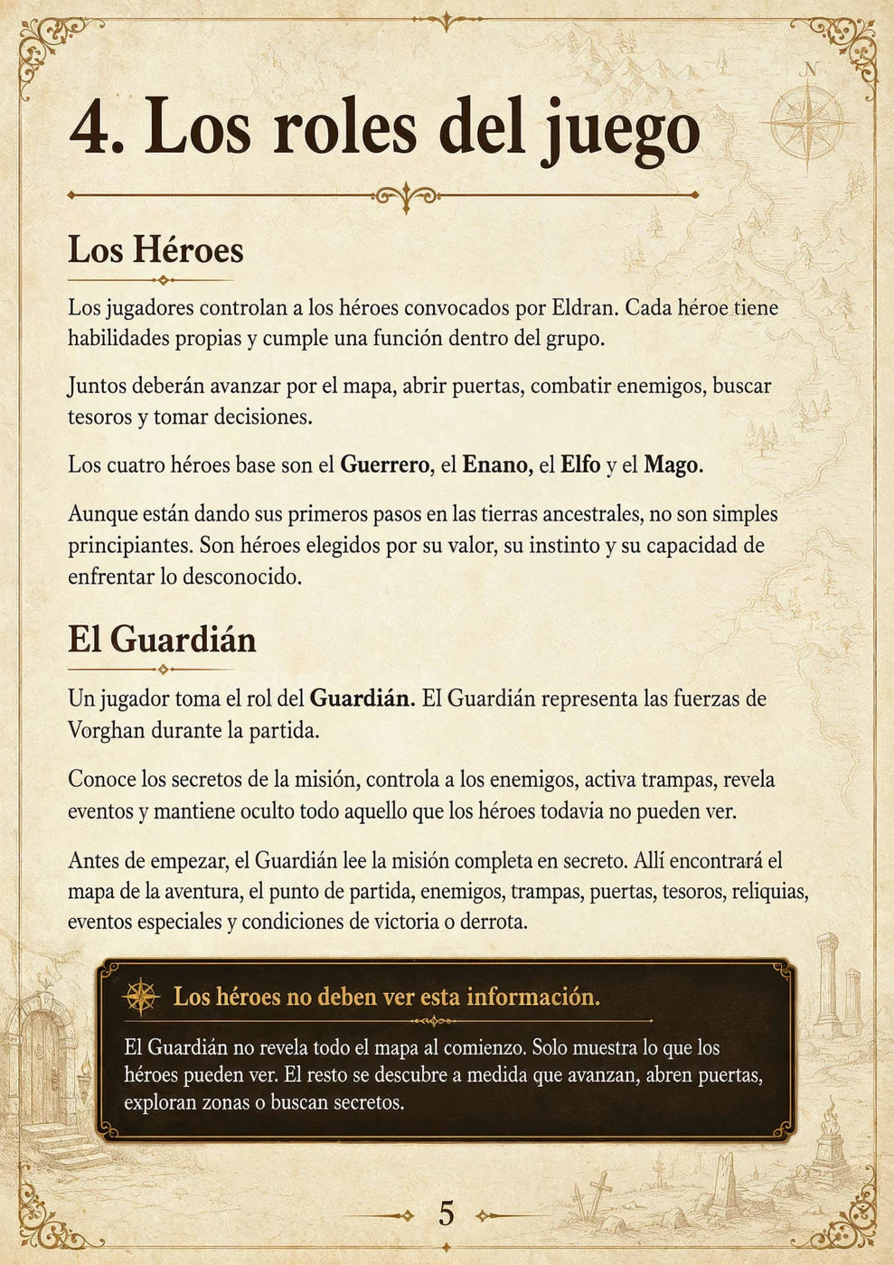 Página real del manual que explica los roles de héroes y Guardián