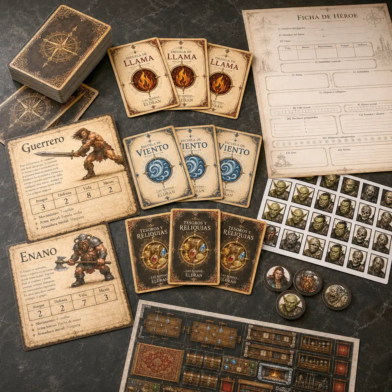 Cartas, fichas y tokens imprimibles del Starter Kit Las Sendas de Eldran