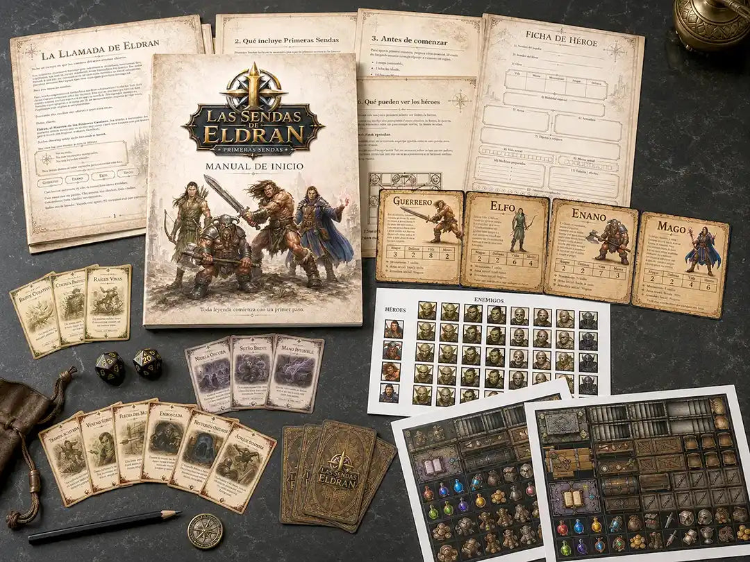 Contenido completo del Starter Kit Las Sendas de Eldran con manual, cartas, tokens y hojas de misión