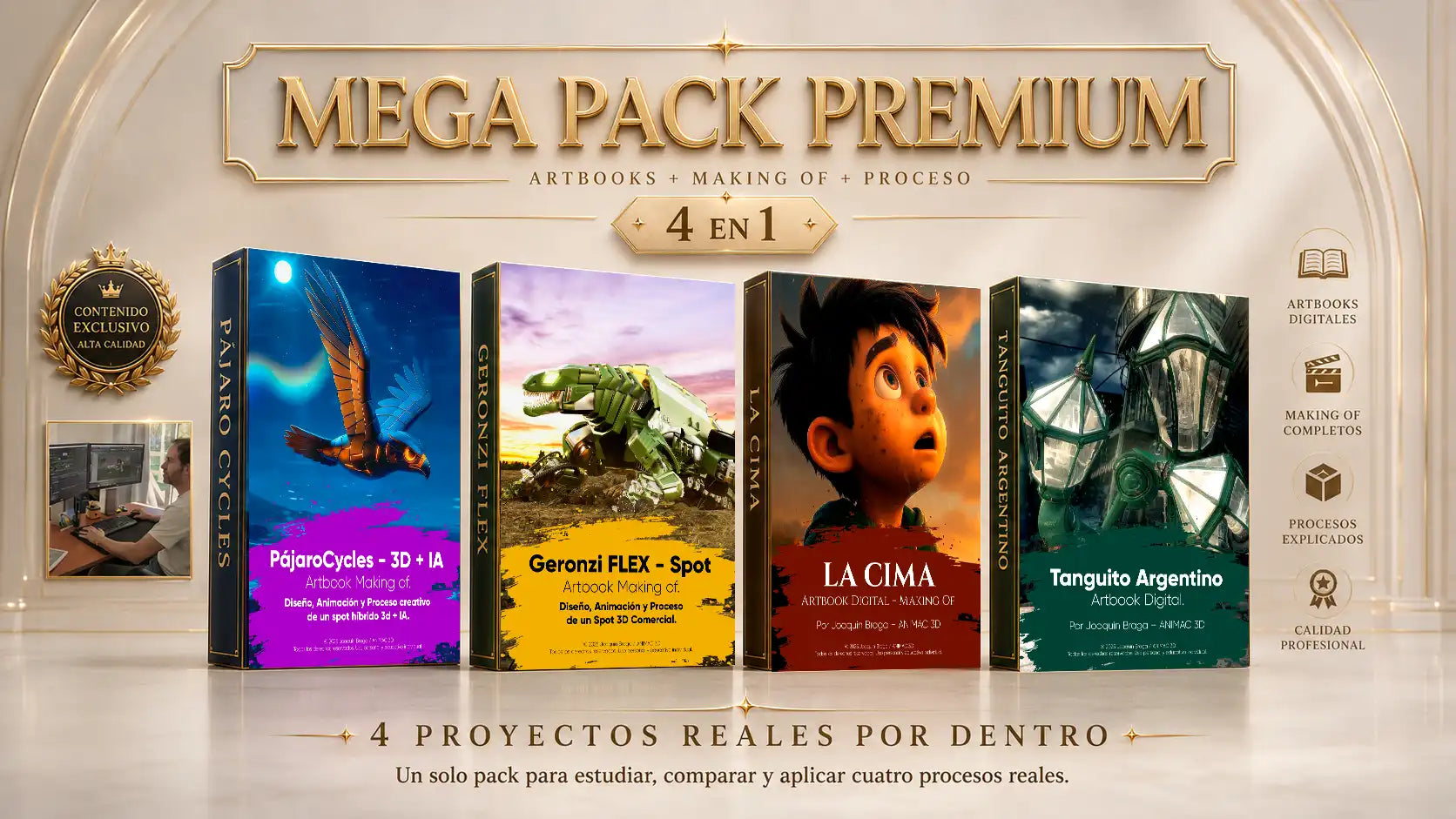 Mega Pack Premium con cuatro procesos creativos de animación, 3D e inteligencia artificial