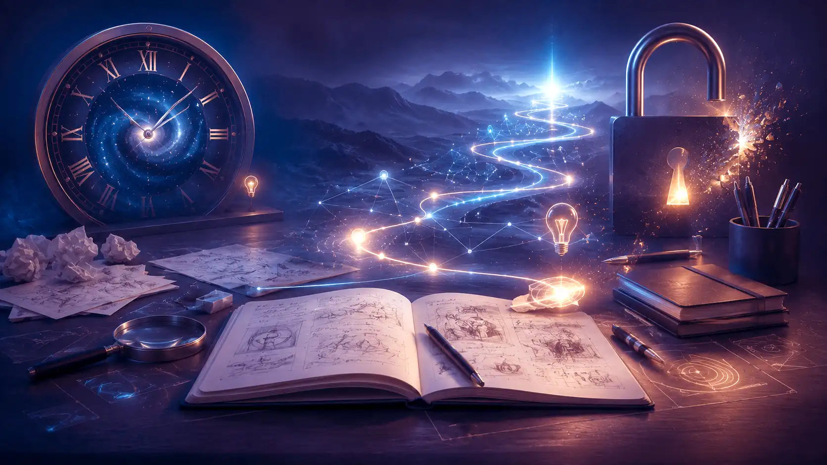 Representación visual del tiempo, el proceso creativo, el desbloqueo y el avance de un proyecto